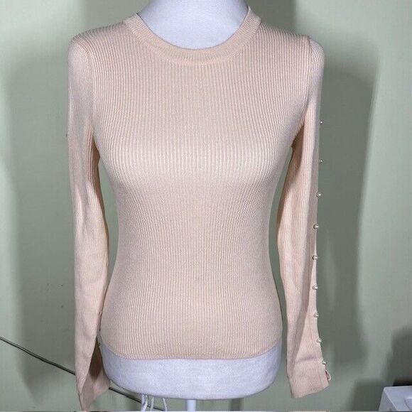 Zara Knit Sz S Pink Pearl Accent Slit Long Sleeve Ribbed Sweater Minimalistic - Picture 1 of 10